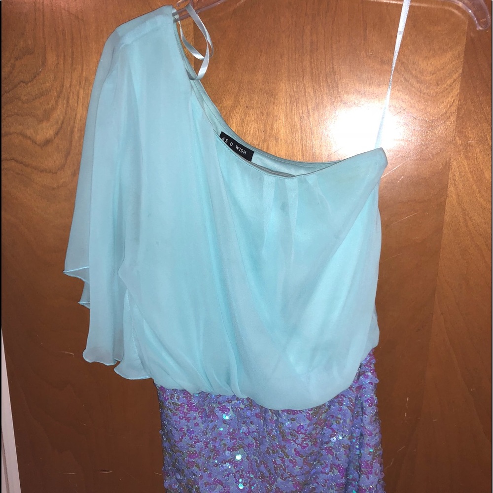 blue sequin one shoulder dress